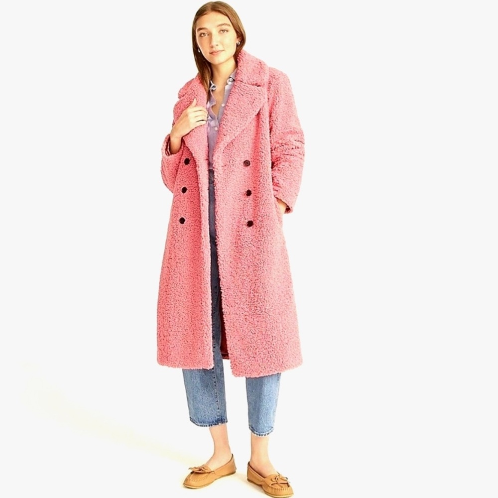 J Crew Pink Double-breasted Teddy Sherpa Topcoat Size Medium - Picture 1 of 16